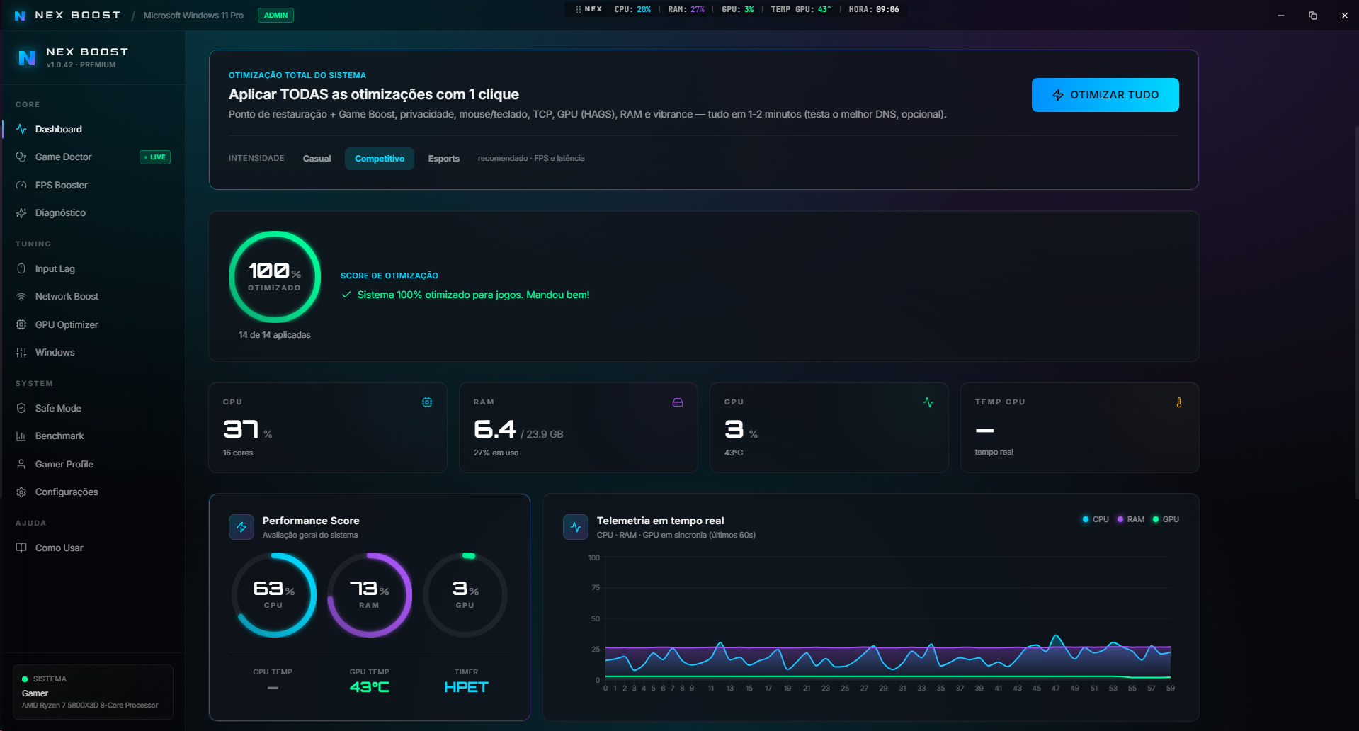 NEX BOOST · Dashboard com o sistema 100% otimizado (Ryzen 5800X3D + RTX 3060)